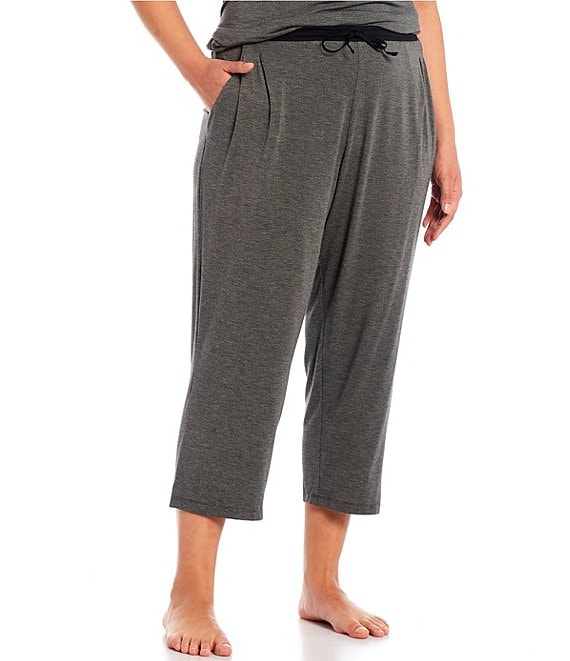 Color:Heather Charcoal - Image 1 - Plus Size Solid Basic Jersey Knit Drawstring Coordinating Crop Sleep Pants
