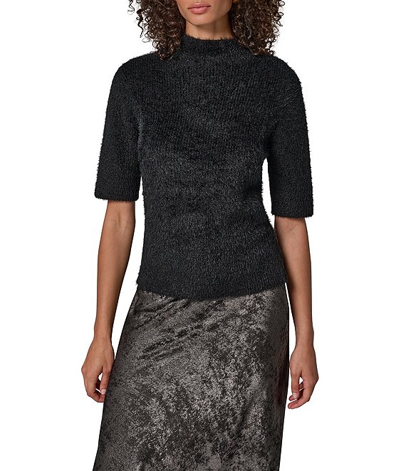Donna Karan Rib Knit Mock Neck Short Sleeve Sweater Top