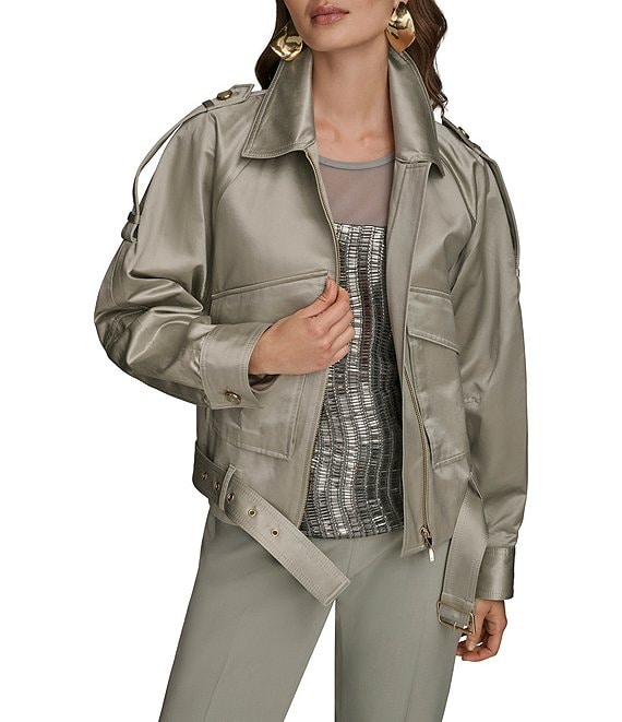 Donna Karan Satin Belted Point Collar Long Sleeve Jacket, Weathered Sage - Image 1