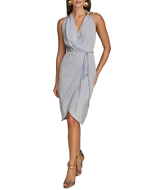 Donna Karan Satin V-Neck Sleeveless Tie Sash Sheath Dress
