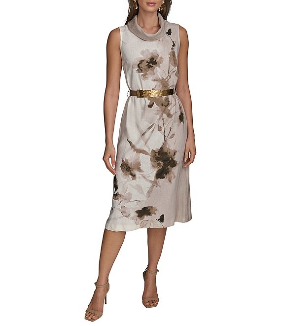 Donna Karan Sleeveless Cowl Neck Floral Print Belted Midi