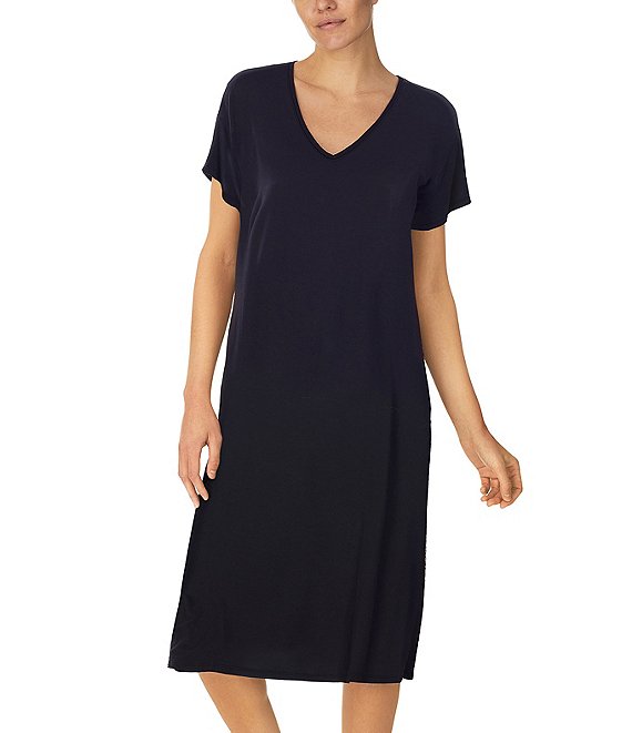 Color:Black - Image 1 - Solid Knit V-Neck Short Sleeve Slit Hem Nightgown