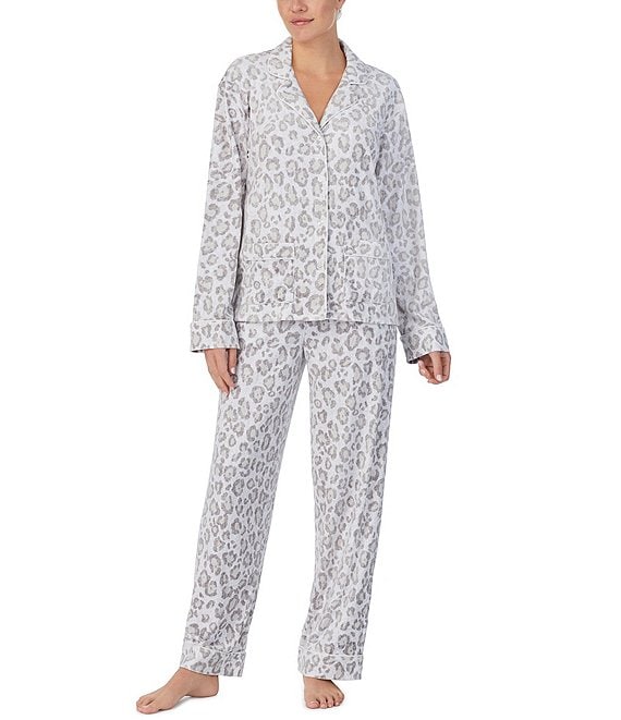 Donna Karan Stretch Velour Animal Print Long Sleeve Notch Collar Pajama ...