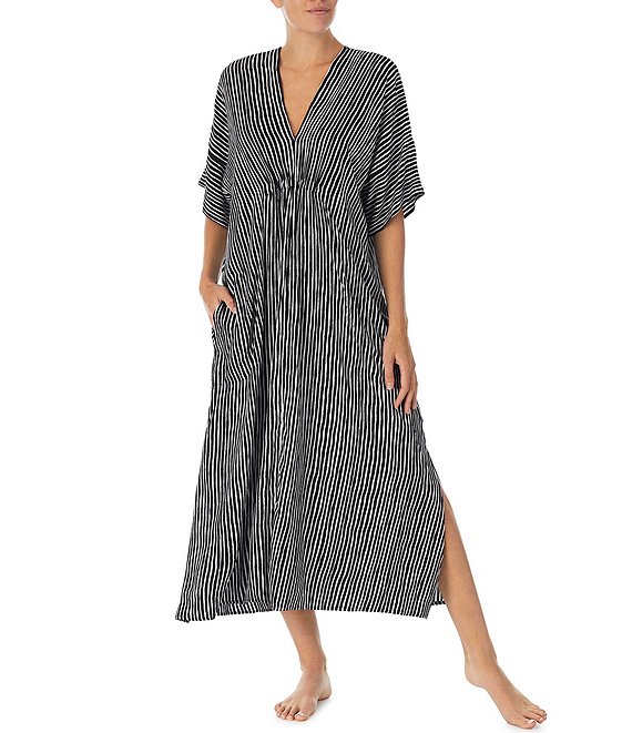 Donna Karan Striped Print Short Sleeve V-Neck Long Knit Sleepshirt ...