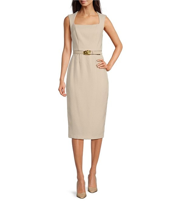 Donna Karan Tweed Square Neck Sleeveless Belted Sheath Midi