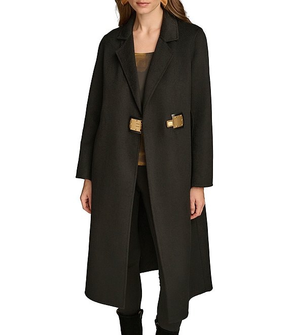 Donna Karan Wool Blend Notch Collar Long Sleeve Buckle Coat | Dillard's