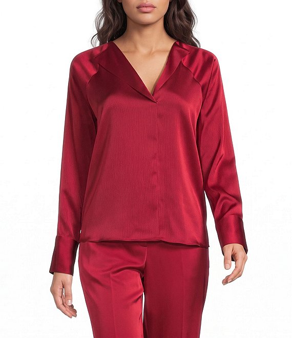 Donna Karan Woven Charmeuse V-Neck Long Sleeve Pullover Coordinating Blouse