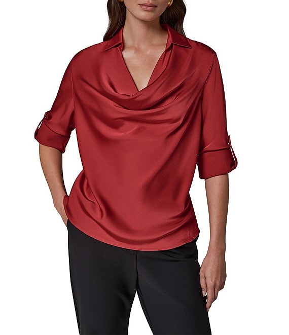 Donna Karan Woven Cowl Neck With Collar Long Sleeve Top