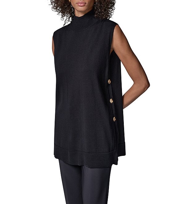 Donna Karan Woven Fine Merino Wool Mock Neck Cap Sleeve Sweater Tunic