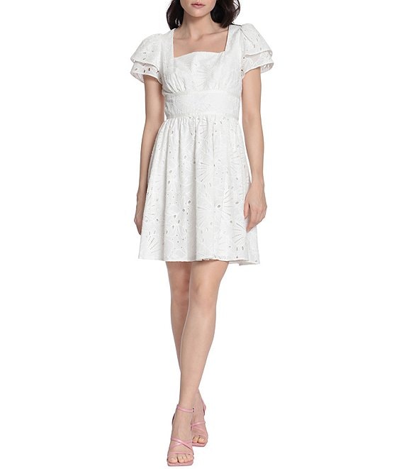 Donna Morgan Eyelet Square Neck Short Ruffle Sleeve A-Line Mini Dress ...