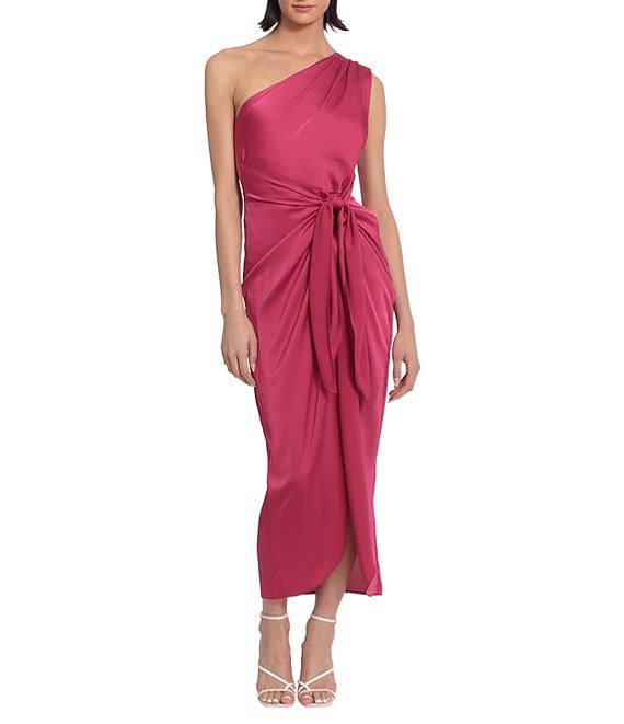 Color:Vivacious - Image 1 - One Shoulder Tie Waist Draped Skirt Dress