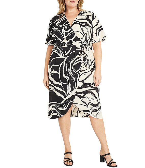 Donna Morgan Plus Size Short Sleeve V-Neck Wrap Abstract Print Dress |  Dillard's