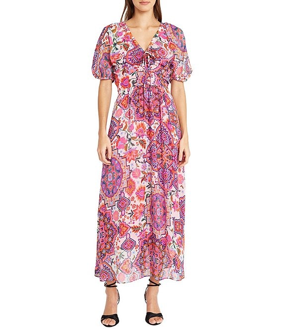 Donna Morgan Printed V Neckline Short Puff Sleeve A Line Midi Dress ...