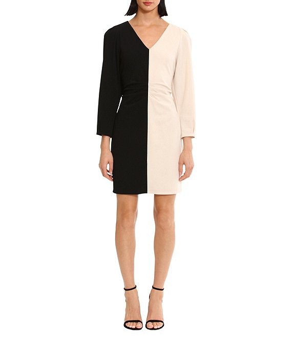 Donna Morgan Stretch Color block V Neck Long Sleeve Mini Dress Dillard s