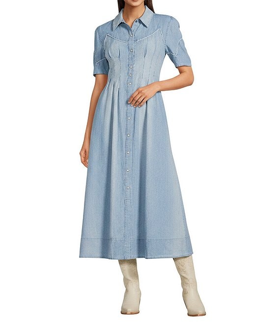 Double D Ranch Buckskin Blues Point Collar Short Sleeve A-Line Dress