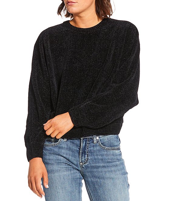 Double Zero Chenille Crew Neck Long Sleeve Sweater, Black - Image 1