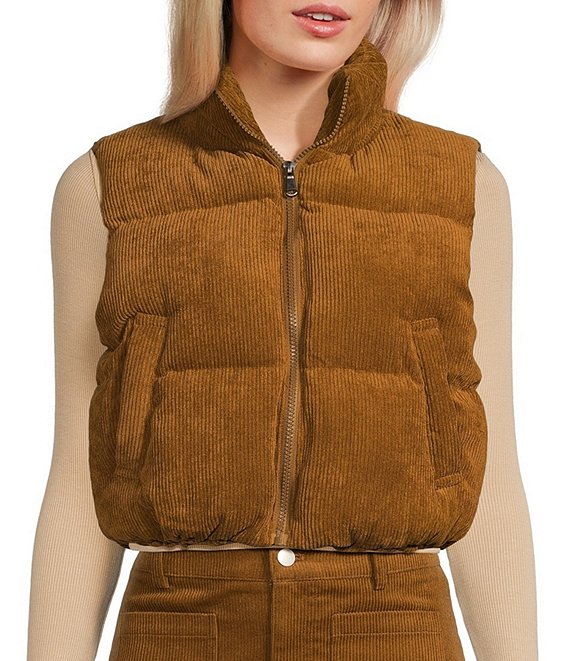 Color:Pale Brown - Image 1 - Corduroy Zip Up Crop Puffer Vest