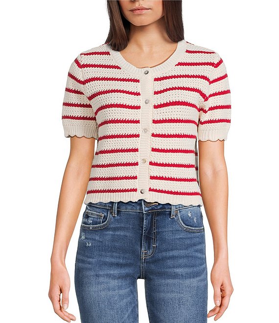 Double Zero Striped Short Sleeve Scalloped Button Front Cropped Sweater