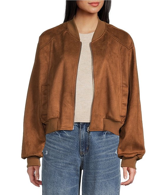 Double Zero Suede Collared Full Zip Bomber Jacket