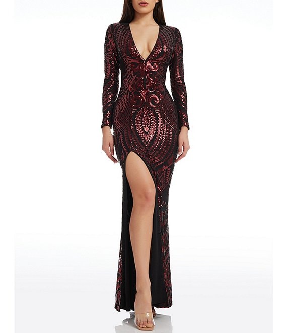Dress the Population Alessandra Art Deco Sequin Print V-Neck Long ...