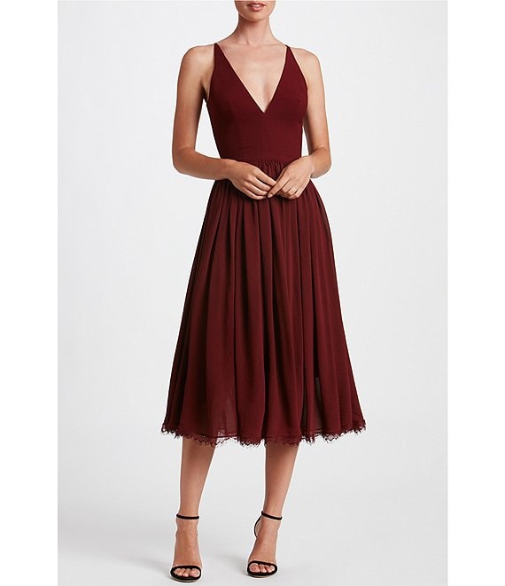 Color:Burgundy - Image 1 - Alicia Chiffon V-Neck Sleeveless Lace Hem Midi Dress