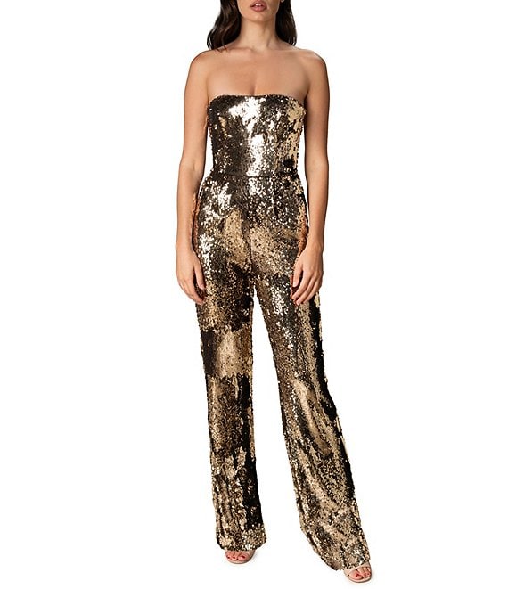 Color:Gold - Image 1 - Andy Sequin Wide Leg Strapless Jumpsuit