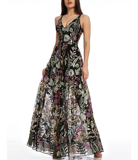 Dress the Population Ariyah Floral Sequin Mesh V Neck Sleeveless Gown Dillard s