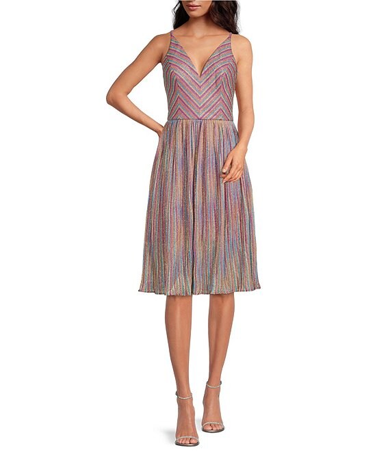Color:Bright Magenta Multi - Image 1 - Haley Rainbow Chevron Stripe V-Neck Sleeveless Pleated Midi Dress