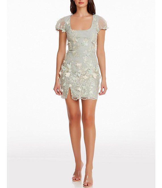 Dress the Population Jillian Sequin 3D Floral Square Neck Short Puff Sleeve  Mini Dress | Dillard's