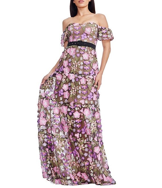 Dress the Population Lara Off The Shoulder Floral Embroidered Gown, Pink Rose Multi - Image 1