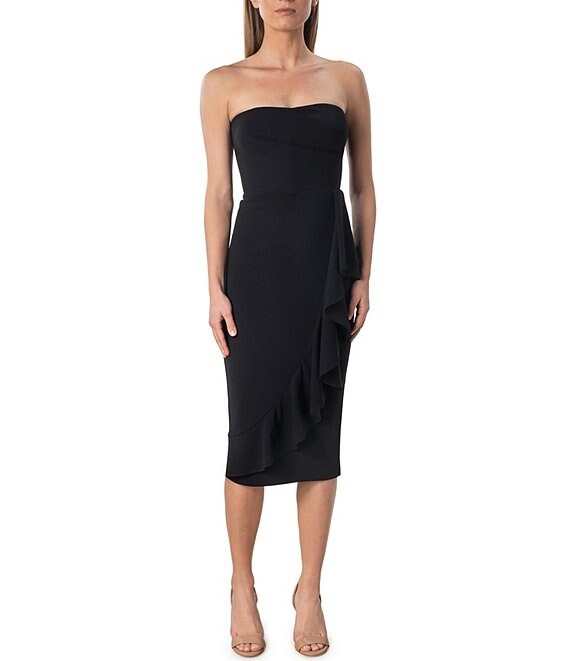 Color:Black - Image 1 - Liv Strapless Asymmetrical Ruffle Cascade Bodycon Midi Dress