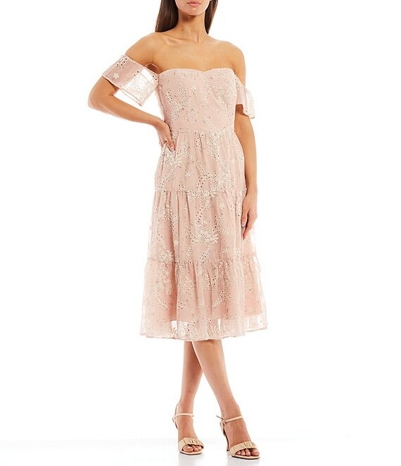 Color:Blush Multi - Image 1 - River Off-the-Shoulder Cap Sleeve Floral Embroidered Eyelet Tiered Skirt Midi Dress