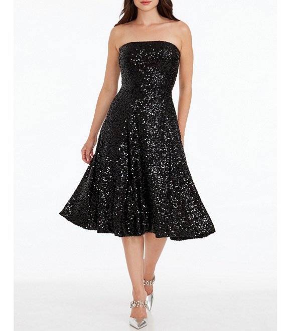 Color:Jet Black - Image 1 - Stretch Sequin Strapless Sleeveless Fit and Flare Dress
