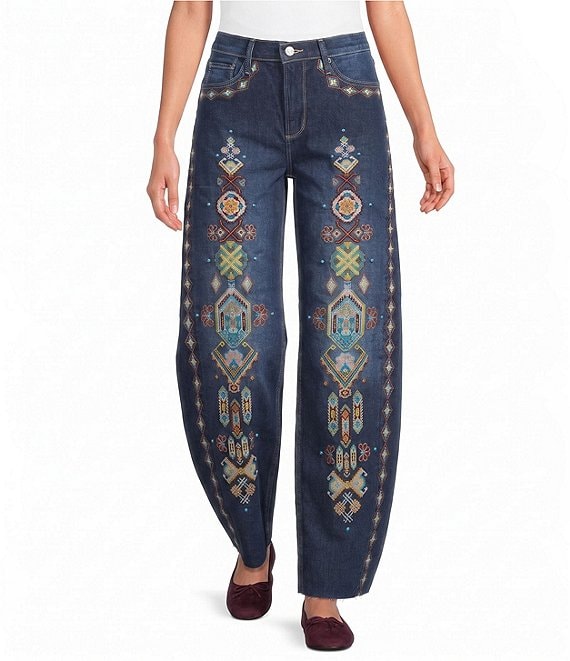 Driftwood Denim Printed Barrel Leg Ankle Jeans