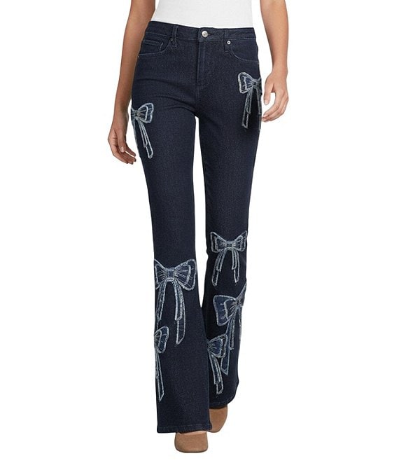 Driftwood Farrah What Fun Stretch Denim Patchwork Bow Flare Leg Jeans, Dark Wash - Image 1