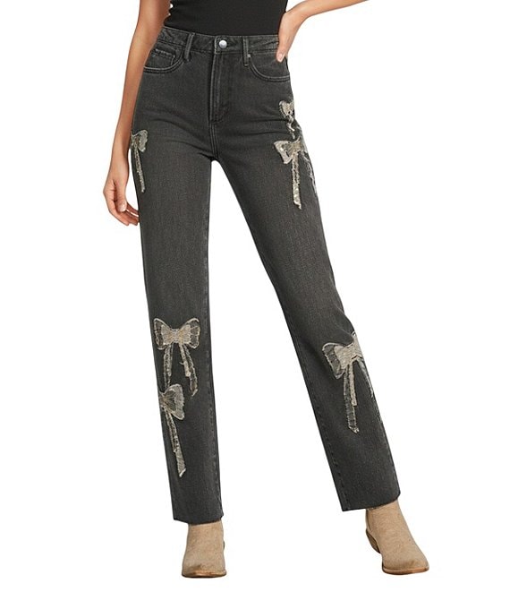 Driftwood Royce What Fun Stretch Denim Patchwork 3D Bow Straight Leg Ankle Jeans, Grey Wash - Image 1