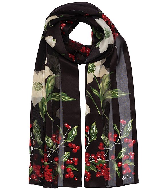 Echo Amaryllis Floral Print Silk Evening Wrap, Black - Image 1