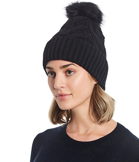 Color:Black - Image 1 - Loopy Cable Pom Beanie Hat