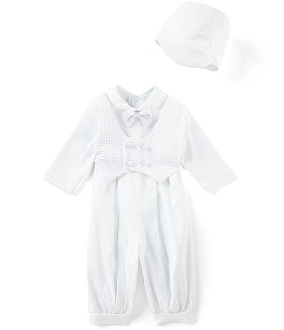 Color:White - Image 1 - Baby Boys Newborn-12 Months Pique Vest Coverall and Hat Set
