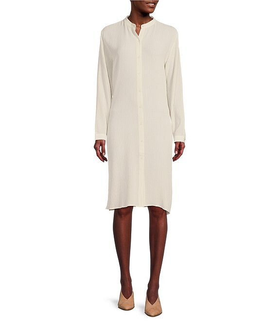 Eileen Fisher Accordion Silk Jacquard Mandarin Collar Long Sleeve Side Slit Shirt Dress