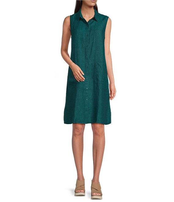 Eileen Fisher 100% store Irish Linen Green Sleeveless Scoop Neck Dress - Size L