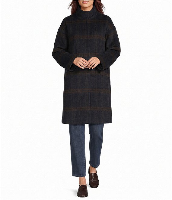 Eileen Fisher Luxe Alpaca Blend Windowpane Pattern High Collar Long Sleeve Coat