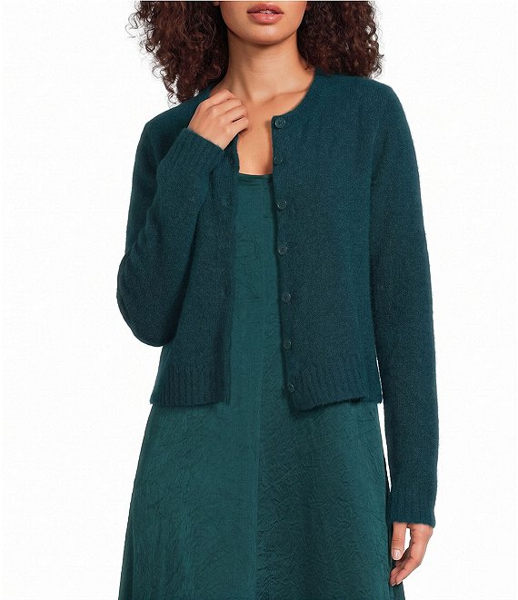 Eileen Fisher Mohair Plush Melange Crew Neck Long Sleeve Button-Front Cardigan