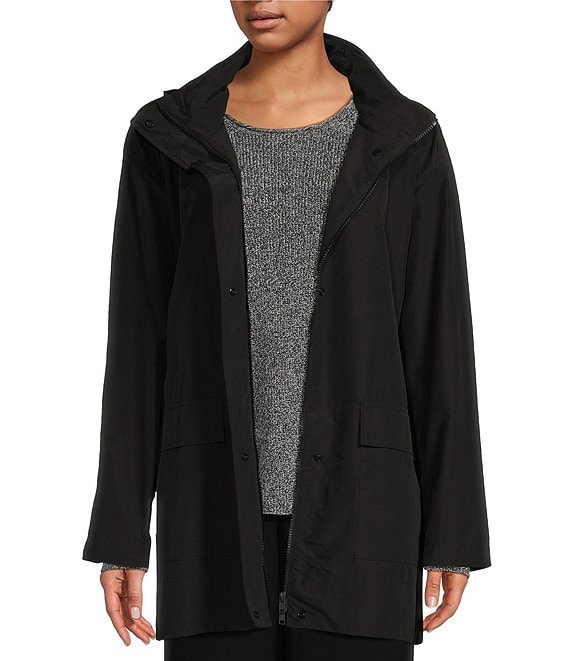 Eileen Fisher womens shops full zip casual stretchy long jacket black