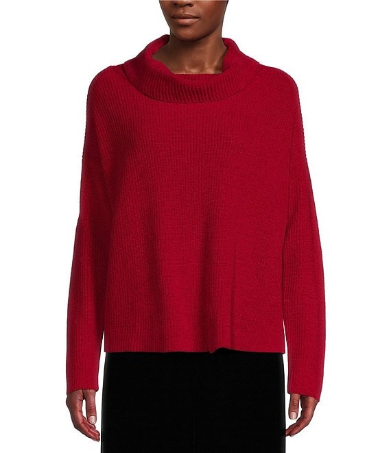 Color:Ruby - Image 1 - Organic Cotton Chenille Funnel Neck Long Sleeve Boxy Sweater