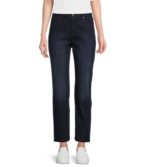 Color:Utility Blue - Image 1 - Organic Cotton Soft Stretch Denim High Waisted Straight Leg Ankle Jeans