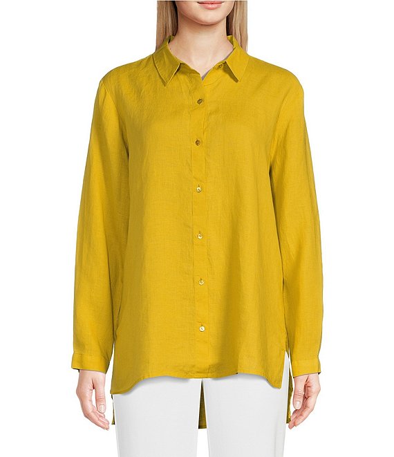 Color:Lemon Drop - Image 1 - Organic Handkerchief Linen Long Sleeve High-Low Hem Shirt