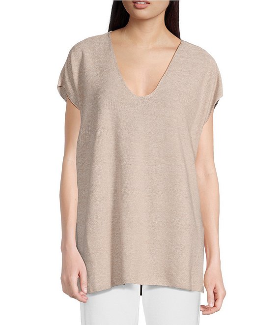 Eileen Fisher Organic Linen Knit V Neck Cap Sleeve Boxy Top Dillard s