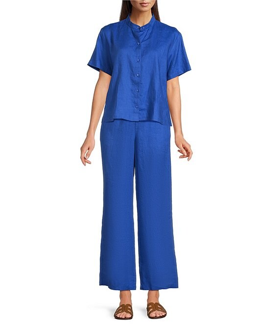 Eileen Fisher Organic Linen Mandarin Collar Short Sleeve Button Front Coordinating Shirt