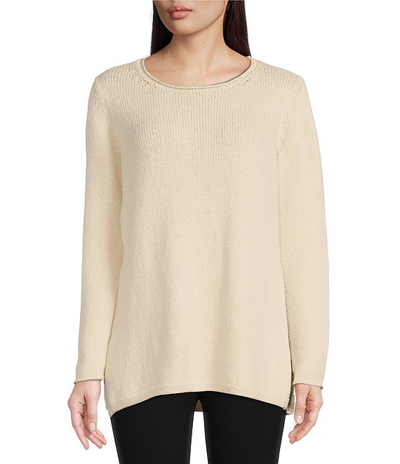 Color:Soft White - Image 1 - Peruvian Organic Cotton Knit Round Neck Long Sleeve Side Slit Boxy Sweater